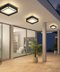 Square Flush Mount Outdoor LED Ceiling Light Fixture 9 Inch 120V 24W 3000K Black Waterproof installed on modern outdoor patio ceiling