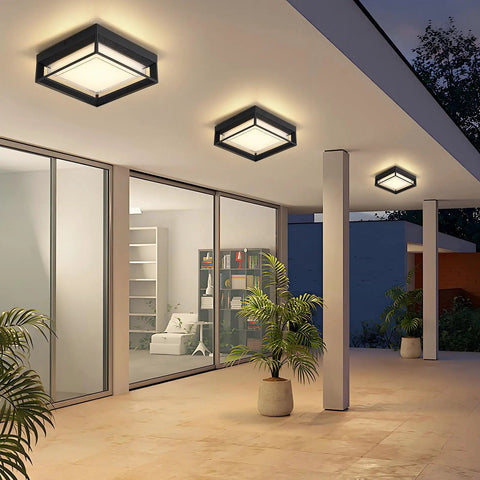 Square Flush Mount Outdoor LED Ceiling Light Fixture 9 Inch 120V 24W 3000K Black Waterproof installed on modern outdoor patio ceiling
