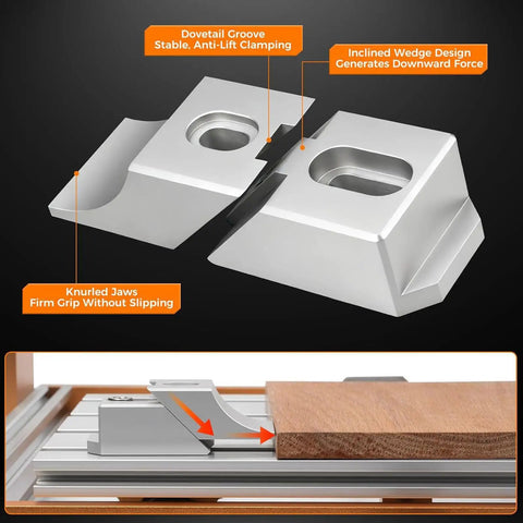Four Piece Side Clamp Vise Aluminum Alloy Set With Ultra Low Profile Design For Compact Surface Machining On CNC Milling And Drill Press Equipment To Get Jobs Done Smoothly Without Any Hiccups showing knurled jaws and dovetail grooves.