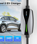 Portable Level 1 Plus Level 2 Electric Vehicle Charger Drops Straight Into Nema 6 20 Outlet And Blasts Out 16 Amp Fast Charge For J1772 Cars Zero Hustle Road Trip Ready Smooth Ride mounted on wall with car charging.