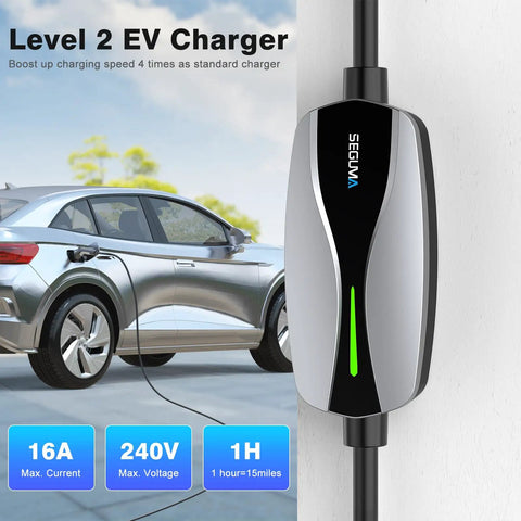 Portable Level 1 Plus Level 2 Electric Vehicle Charger Drops Straight Into Nema 6 20 Outlet And Blasts Out 16 Amp Fast Charge For J1772 Cars Zero Hustle Road Trip Ready Smooth Ride mounted on wall with car charging.