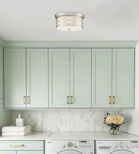 13 Inch Modern Lattice Drum Flush Mount Ceiling Light With Two Lights In Brushed Nickel Finish in laundry room
