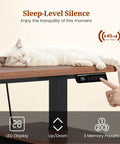 Cat sleeping on L Shaped Standing Desk With Electric Height Adjustment For Sit-Stand Comfort, focus on control panel, black walnut finish