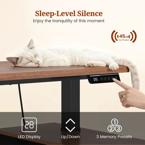Cat sleeping on L Shaped Standing Desk With Electric Height Adjustment For Sit-Stand Comfort, focus on control panel, black walnut finish