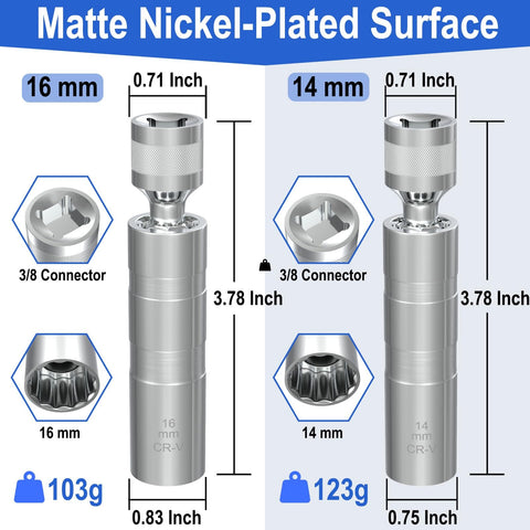 14mm And 16mm Spark Plug Socket Set Thin Wall Three-Eighths Inch Drive 12-Point Magnetic Swivel Sockets with dimensions