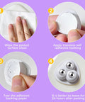 Installation instructions for 8 Pack Self Adhesive Kitchen Appliance Casters 360 Degree Swivel showing adhesive application steps.