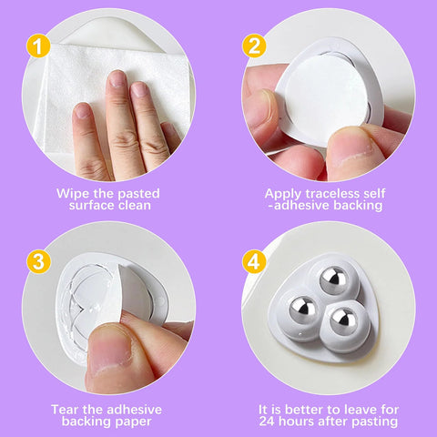 Installation instructions for 8 Pack Self Adhesive Kitchen Appliance Casters 360 Degree Swivel showing adhesive application steps.