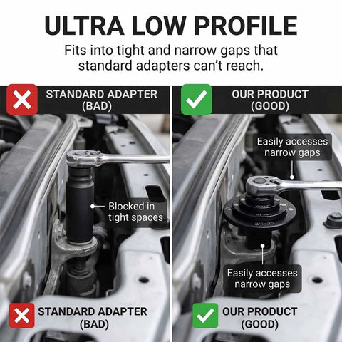 Ultra Low Profile Impact Socket Adapter Set 4 Pcs Magnetic Drive Reducer Kit for tight engine bay access, chrome molybdenum steel