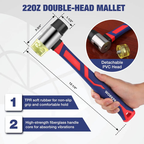Laminate Flooring Installation Kit with Rubber Mallet and Fiberglass Handle showing detachable PVC head and dimensions.