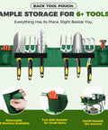Green back tool pouch with garden tools for Rolling Garden Stool With Wheels, 360 Degree Swivel Seat And Backrest, showing storage capacity.