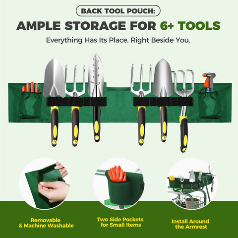 Green back tool pouch with garden tools for Rolling Garden Stool With Wheels, 360 Degree Swivel Seat And Backrest, showing storage capacity.