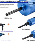 Close-up of 1-1/4 Inch 7 Female To 5/8 Inch 11 Male Thread Core Drill Bit Adapter, showing SDS Max Abor, SDS Plus Abor, and 1/2 Inch Hex Shank.