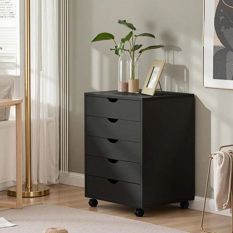 Mobile File Cabinet With Wheels For Under Desk Storage And Printer Stand, Black Wood Finish, 5 Drawer Vertical Filing Chest