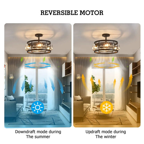 Industrial Crystal Ceiling Fan With Lights, Flush Mount Low Profile Ceiling Fan For Bedroom Kitchen Dining, Reversible DC Motor