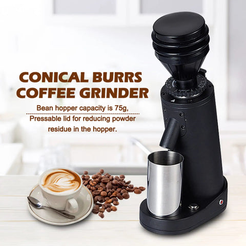 No Fuss Electric Coffee Grinder Featuring A 40mm Hardened Stainless Steel Conical Burr And 19 Exact Gear Positions For Killer Espresso And Hand Drip Brewing In Sleek White Design - black conical burr grinder with stainless steel cup and 75g capacity.