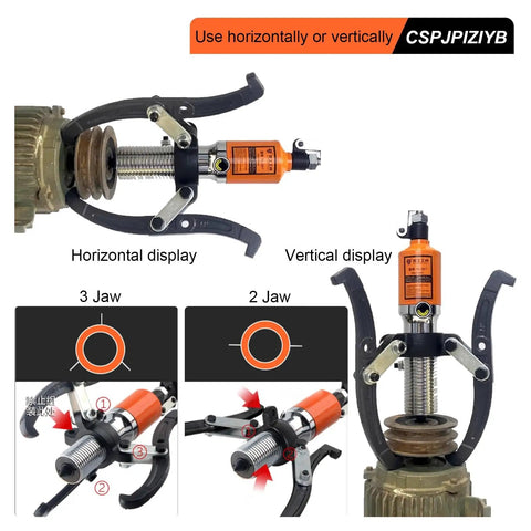 Heavy Duty Hydraulic Gear Puller And Bearing Extractor Tool displaying horizontal and vertical usage with 3 and 2 jaw clamps.
