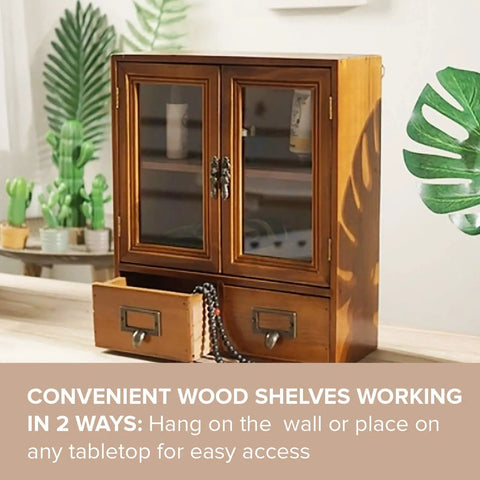 Wood Storage Cabinet With Clear Display Door Wall Shelf 12x14x5 Inches For Pantry Organization In Kitchen Or Bathroom With Bi Level Shelves And Bottom Drawers For Candles on tabletop with plants around