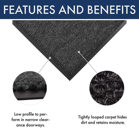 Close-up of Carpeted Indoor Entrance Mat 3 Ft By 4 Ft Charcoal For Home Or Biz Durable Floor Protector with low profile and tightly looped texture.