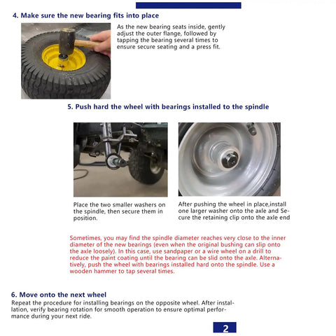 Front Wheel Bushing To Bearing Conversion Kit install on lawn tractor wheel with hammer and washers for Craftsman Husqvarna Poulan