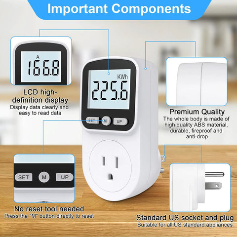 Upgraded Watt Meter Power Monitor Plugs Into Your Outlet Home Energy Display With Backlight Tracks Watts Kilowatt Hours Voltage Amps Frequency Power Factor Cost And Unit Price Across Eight Display Modes With Overload Protection, white ABS body