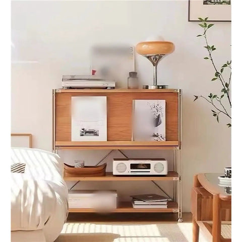 4 Tier Industrial Storage Shelf With Retro Display Rack And Magazine Holder For Bedroom Living Room Kitchen And Study Solid Wood Bookcase showcasing decor and books.