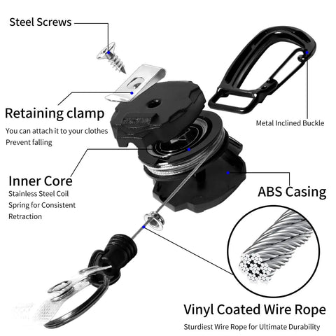 Diagram of Two Pack Heavy Duty Retractable Keychain Carabiner Badge Holder Set With 32 Inch Steel Cord Tactical ID Badge Reel, showing components