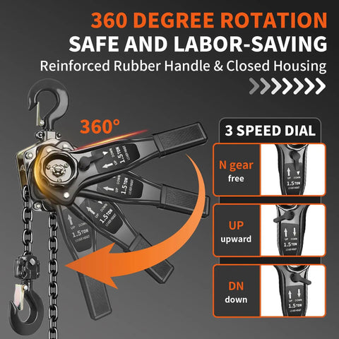 No Sweat Heavy Duty Manual Lever Chain Hoist Come Along 1.5 Ton with 360 swivel hook and 3 speed dial for versatile lifting.