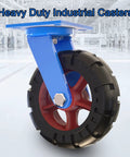 Heavy Duty Industrial Castor Wheels 12 Inch Solid Rubber Puncture Proof 4 Pack Swivel Caster Set 4400 Lb close-up view of single caster with blue bracket and solid rubber tire.