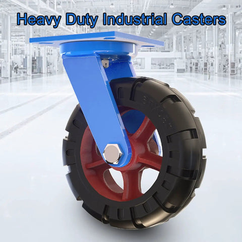 Heavy Duty Industrial Castor Wheels 12 Inch Solid Rubber Puncture Proof 4 Pack Swivel Caster Set 4400 Lb close-up view of single caster with blue bracket and solid rubber tire.