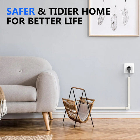 Living room with One Cord Channel Cable Hider for wall cables, 254 inch length white cable cover along baseboard.