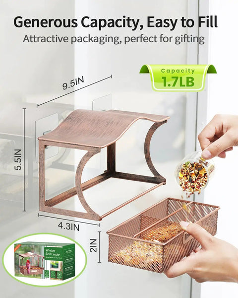 Person filling Metal Window Bird Feeder With Super Sturdy Suction Cups, Easy Mounting System, Large Outdoor Bird Watching Feeder For Viewing From Inside, Anti Rust Durable Curved Design, shown with capacity details.