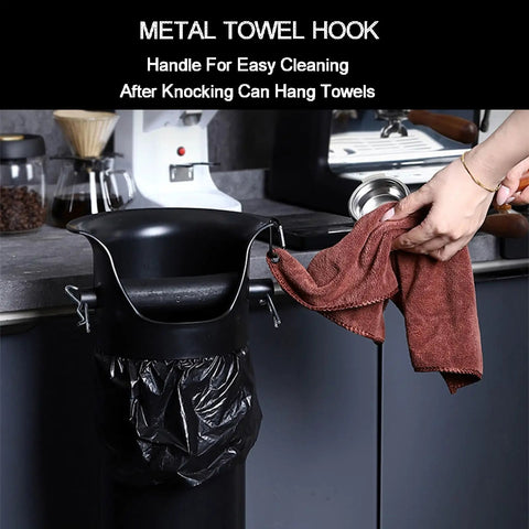 Heavy Duty White Coffee Knock Box And Espresso Dump Bin Featuring Shock Absorbent Base For Fast Grinder Cleanup Removable Liners with metal towel hook.