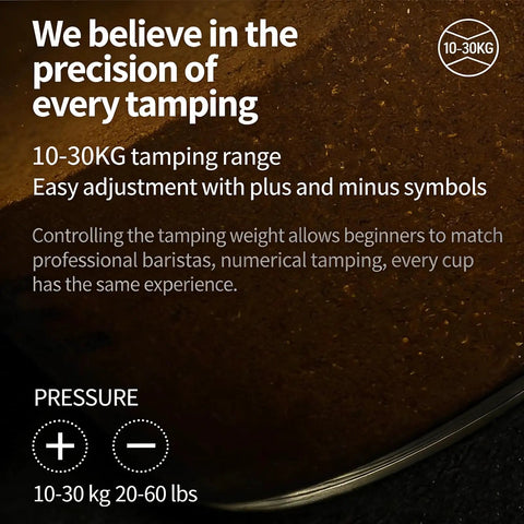 Level Up Your Morning Brew Routine With This Dead Nuts Automatic Coffee Tamper For 58mm Portafilters Featuring Precise Digital Pressure Settings And Totally Consistent Ground Compaction, showing 10-30KG pressure adjustment.