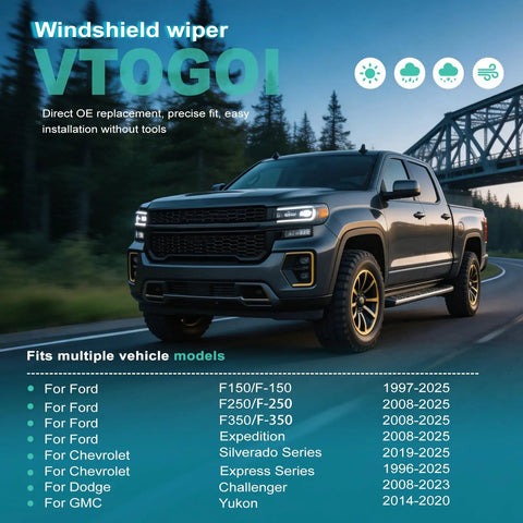 Street Ready Slick J Hook Windshield Wiper Blades 22 Plus 22 Inch Heavy Duty OEM Quality Replacement For Ford Chevy Ram Pickup Truck SUV, fitting various models.