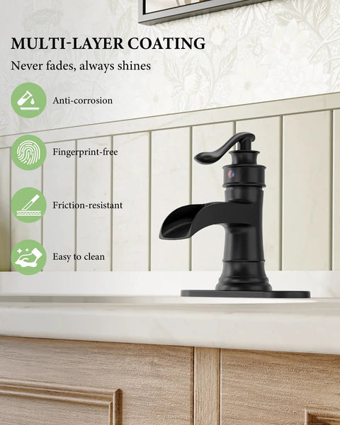 Bold Matte Black Waterfall Bathroom Faucet For Farmhouse Vanity With Single Hole Centerset One Handle Mixer Tap
