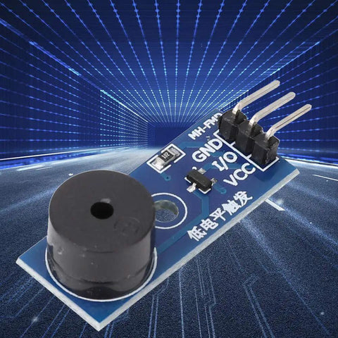 5 Pack Passive Buzzer Module For DIY Projects With LED 3 Pins, Customizable Tone, 3.3V-5V, displayed on tech background.