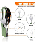 4 In 1 Camping Utensil Set with detachable fork, spoon, knife, bottle opener, shown unfolded, in army green, stainless steel