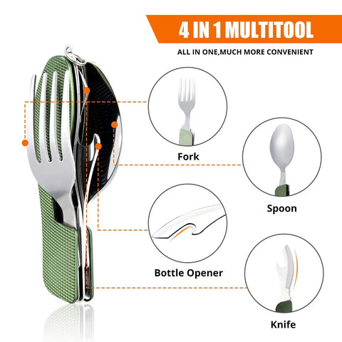 4 In 1 Camping Utensil Set with detachable fork, spoon, knife, bottle opener, shown unfolded, in army green, stainless steel