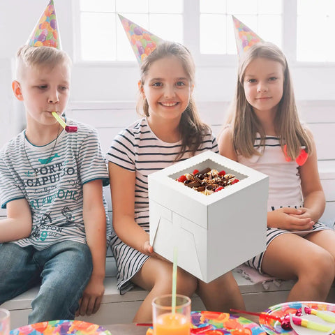 Top Tier 8 X 8 X 8 Inch Cake Boxes 4 Pack Featuring Clear Window Hella Sturdy Food Grade White Cardboard Smooth Finish And 12 Included Stickers For Next Level Party Prep Ideas