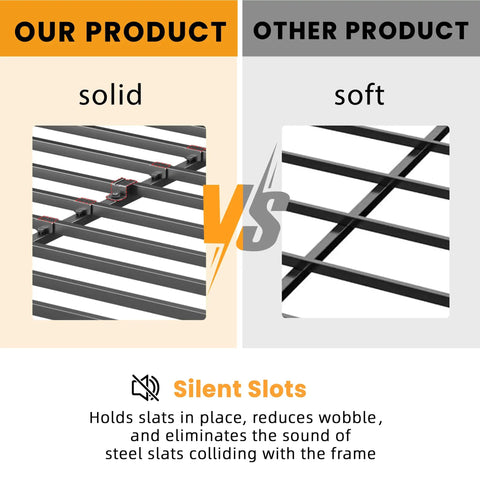 Comparison of Heavy Duty Queen Size Box Spring With Low Profile Metal Frame And Thickened Steel Support Pillars and competitor's slats.