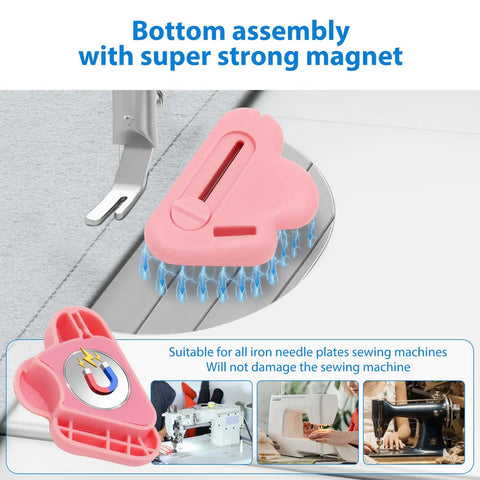 Magnetic Seam Guide Set For Sewing Machine Three Piece Must Have shown with pink guide on machine surface