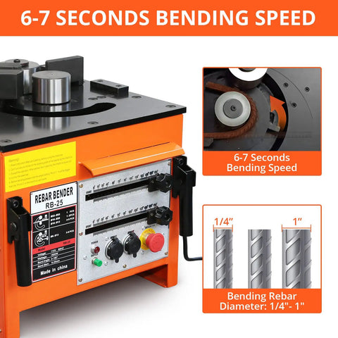 Heavy Duty 1600W Electric Rebar Bender Machine For 1 Inch Steel Rods with control panel showing bending speed and rebar diameter.