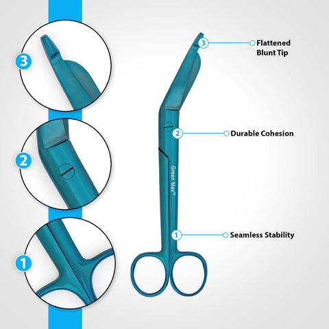 Go-To Bandage Scissors For First Aid Safety Trauma Shears 5.5 Inch Stainless Steel Durable Rust-Free Medical Cutters For Home Nursing, Easy-Cut Ergonomic Design, Professional Quality, Sharp Blades, Ready For Quick Bandage Work. Blue blunt-tip trauma shears side view