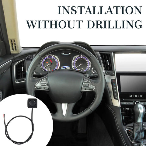 Steering wheel view with a Four Pack Momentary Push Button Switches 12V 24V Surface Mount Mini Button shown with adhesive back for installation.
