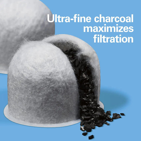 Charcoal Water Filter Replacement Pods With Handle, 2 Pack, Improves Coffee Flavor By Removing Chlorine, Impurities, Calcium And Odors, Fits Most Coffee Makers. Image shows filter pod and loose charcoal pieces on blue background.