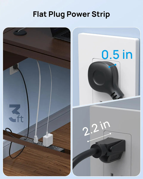 Flat Plug Power Strip with Three USB C Ports and One USB A, 1440 Joules Surge Protector, 3ft cord shown under desk setup