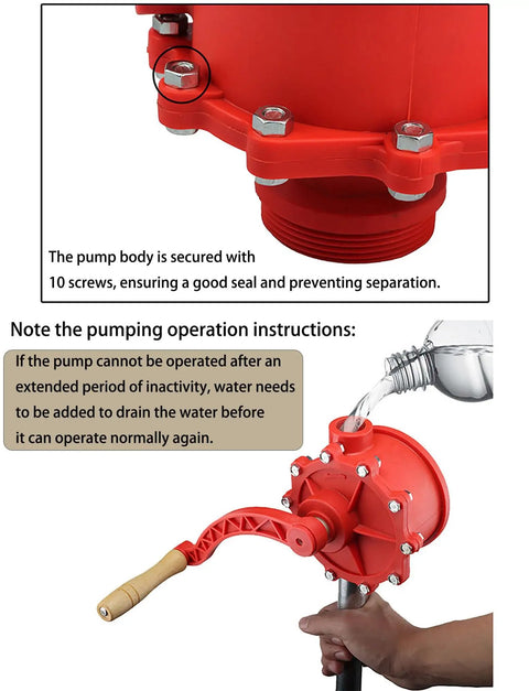 Heavy Duty Manual Fuel Transfer Pump For Drum Barrels, Hand Pump With 1 Meter Hose, Portable For Diesel Gasoline And Heating Oil, Easy Transfer, No-Fuss Operation, Delivers Up To 8 Gallons Per Minute; red hand pump with wooden handle