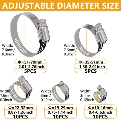 Forty Pack Beefy Built Adjustable Stainless Steel Hose Clamps 10 To 70mm Worm Gear Duct Pipe Clamp size details