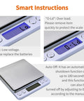 Pro Grade 3000g Kitchen Scale With 0.1g Precision Digital Food Scale featuring smart instructions and blue display error codes
