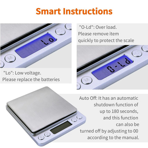 Pro Grade 3000g Kitchen Scale With 0.1g Precision Digital Food Scale featuring smart instructions and blue display error codes